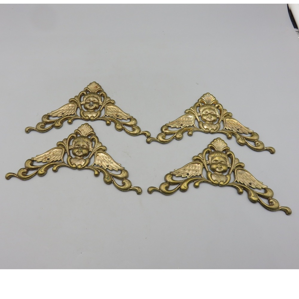Vintage Brass Cherub Angel Furniture Corner Mounts Set of 4 Ornate Filigree 4.5"